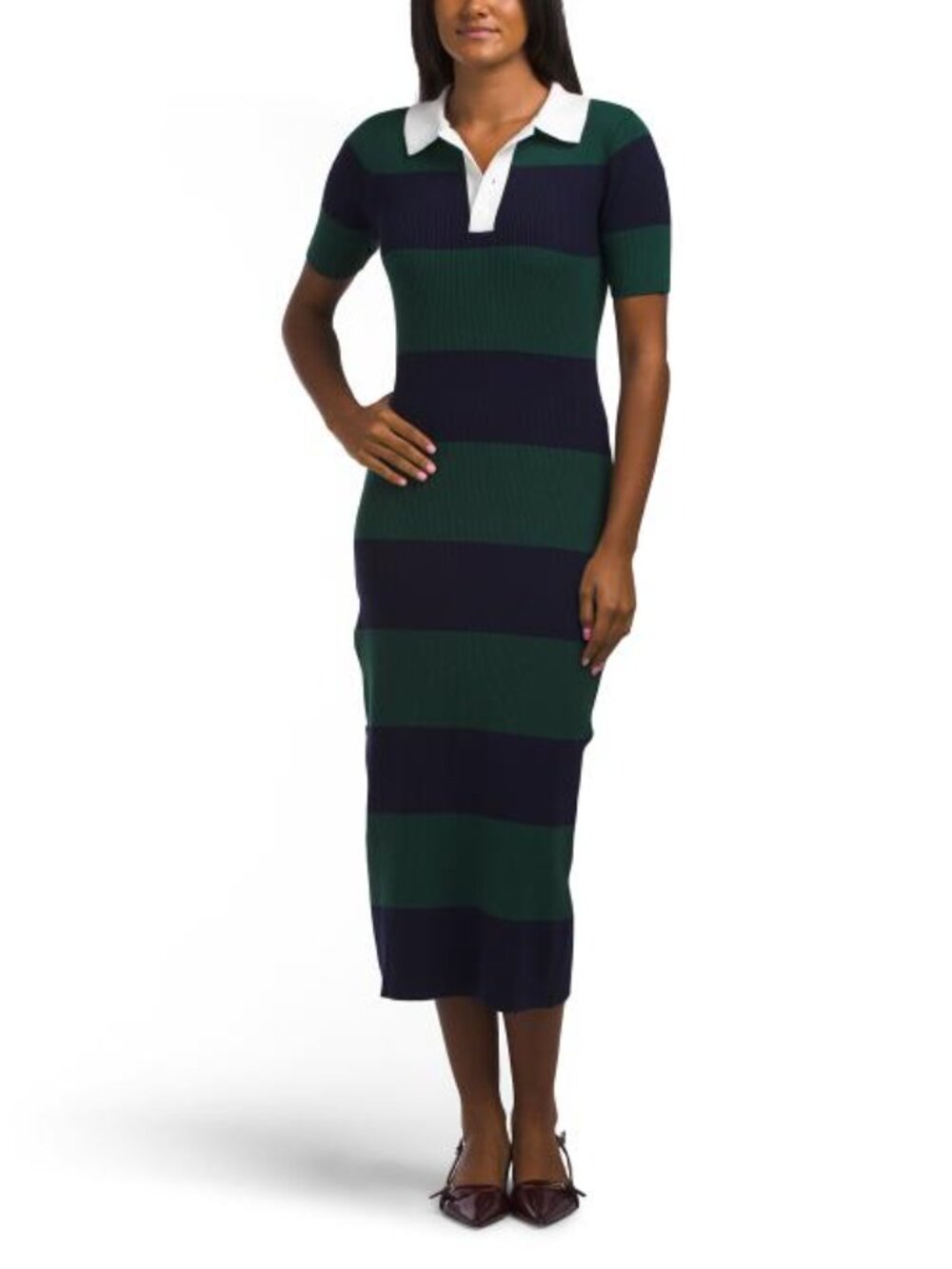 IDEM DITTO Ribbed Striped Polo Sweater Midi Dress